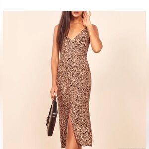 Reformation Bates Cheetah Print brown Midi Slip Dress V-Neck Sleeveless